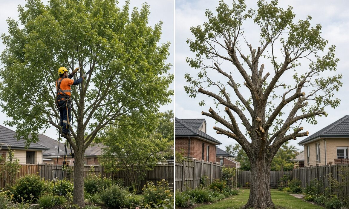 Difference between tree pruning and tree lopping showing proper selective pruning compared with excessive branch cutting
