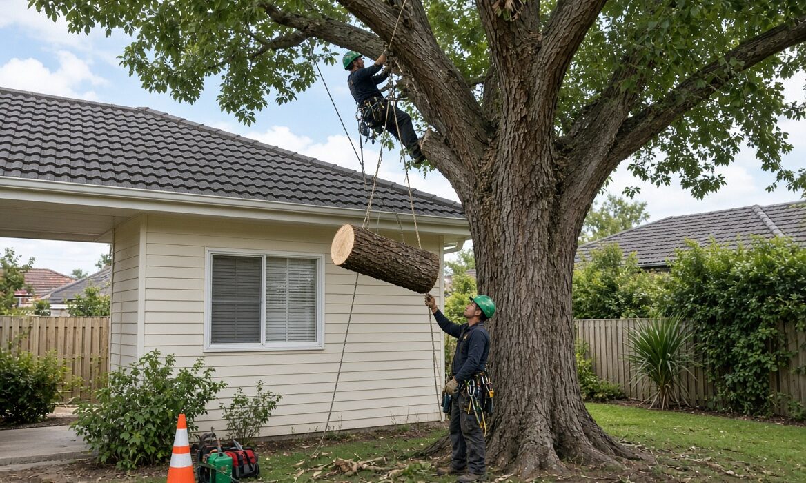 Professional tree removal of a large tree close to a house