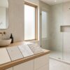 Different bathroom tiles including porcelain, ceramic and mosaic samples in a modern bathroom