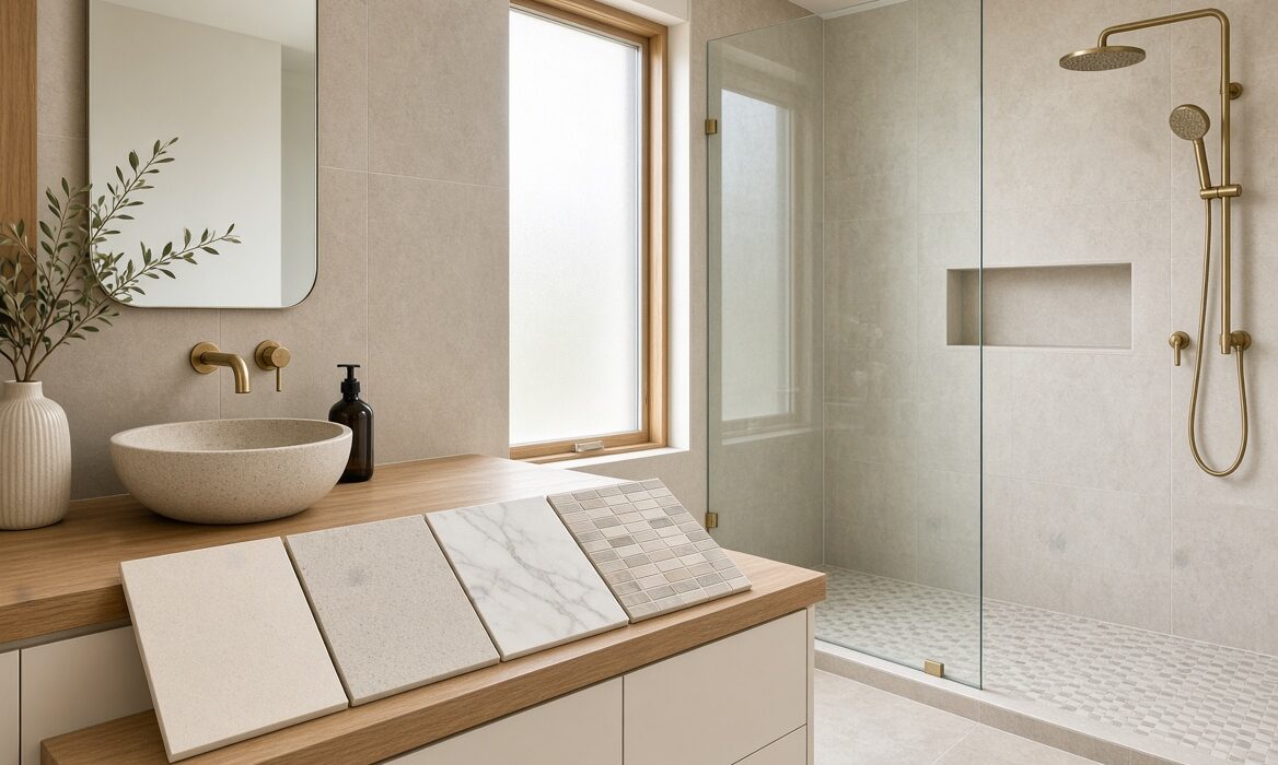 Different bathroom tiles including porcelain, ceramic and mosaic samples in a modern bathroom