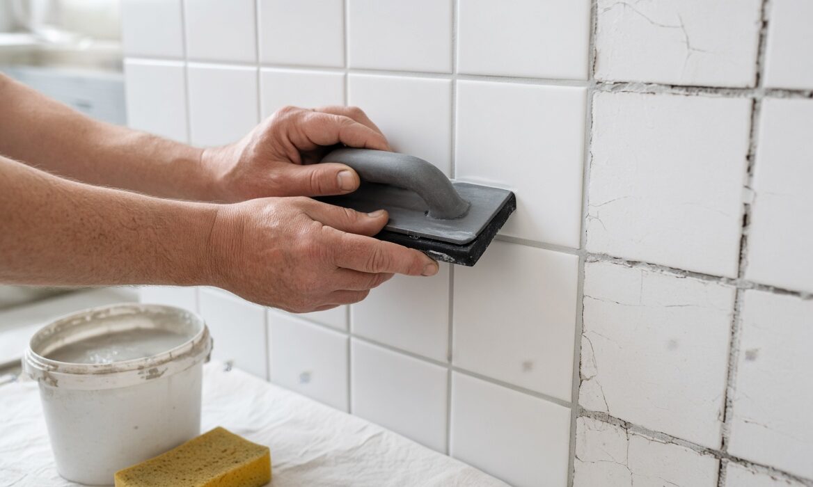 Tiler applying fresh grout during tile regrouting in a bathroom