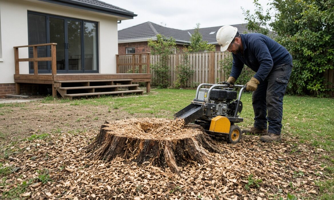 Professional stump grinding Melbourne service removing a tree stump from a residential backyard.