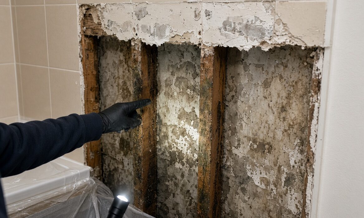 Hidden water damage behind bathroom tiles caused by waterproofing failure