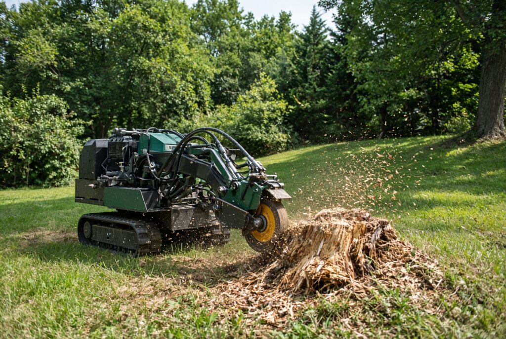 stump grinding on sloping ground