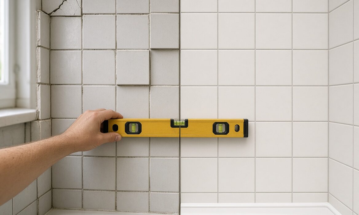Common bathroom tiling mistakes shown with uneven crooked tiles beside neat straight tiling