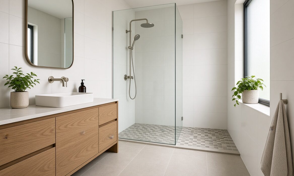 Best bathroom tiles in a modern Melbourne bathroom with porcelain floor and large wall tiles
