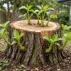 Tree stump producing new green shoots after cutting