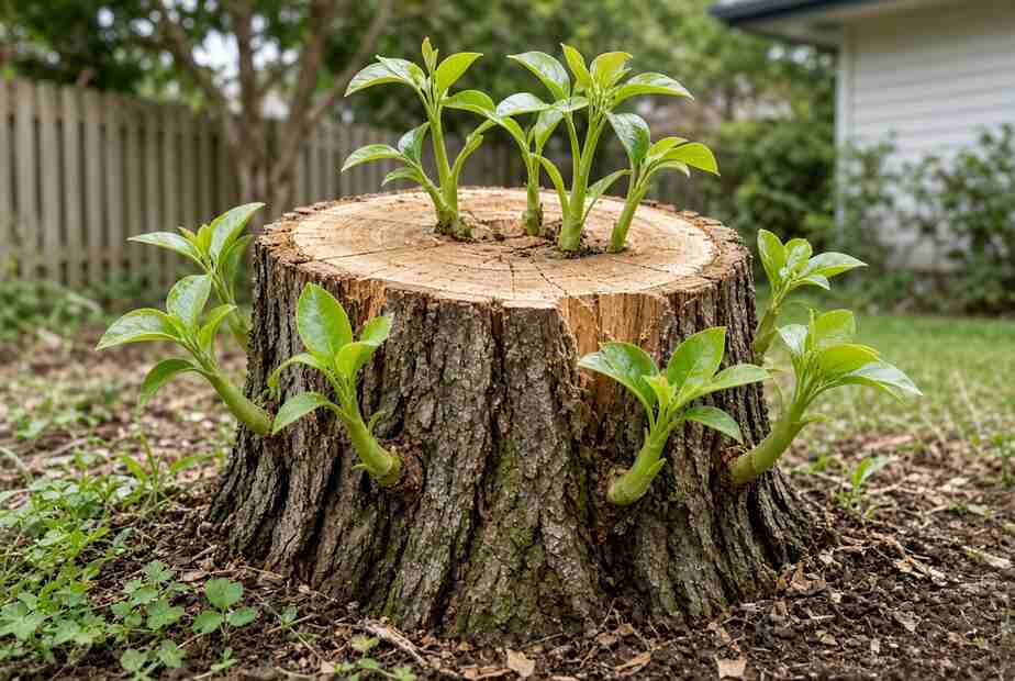 Tree stump producing new green shoots after cutting