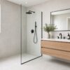 Finished bathroom renovation in Melbourne with modern tiles and walk in shower