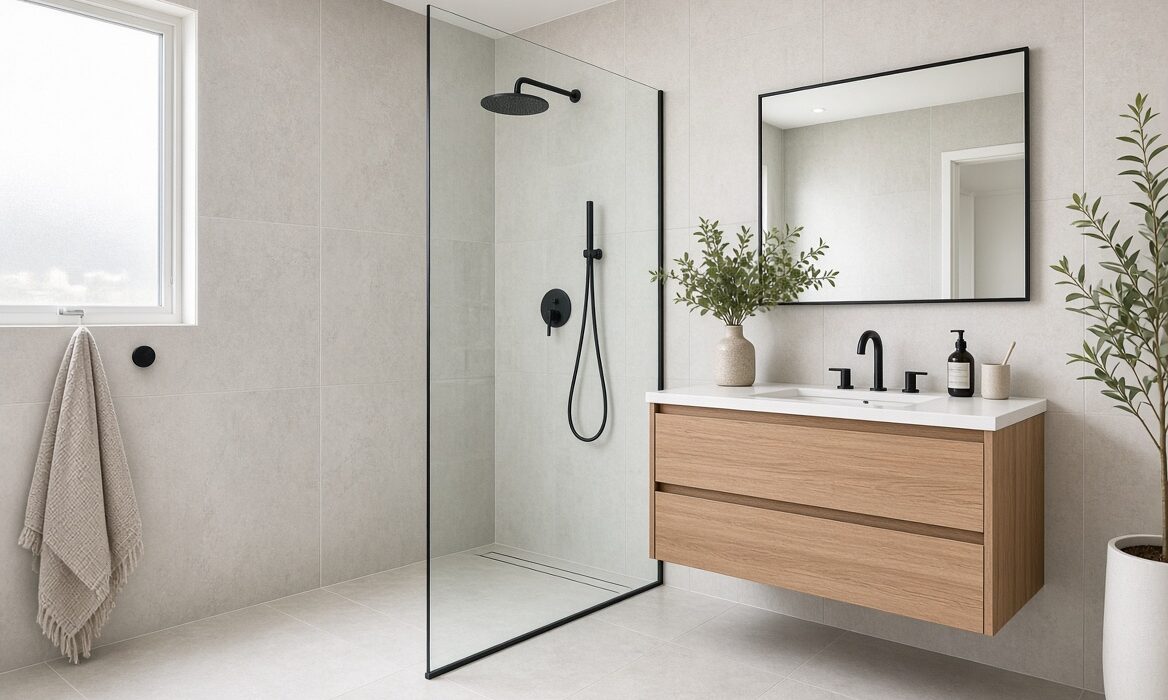 Finished bathroom renovation in Melbourne with modern tiles and walk in shower