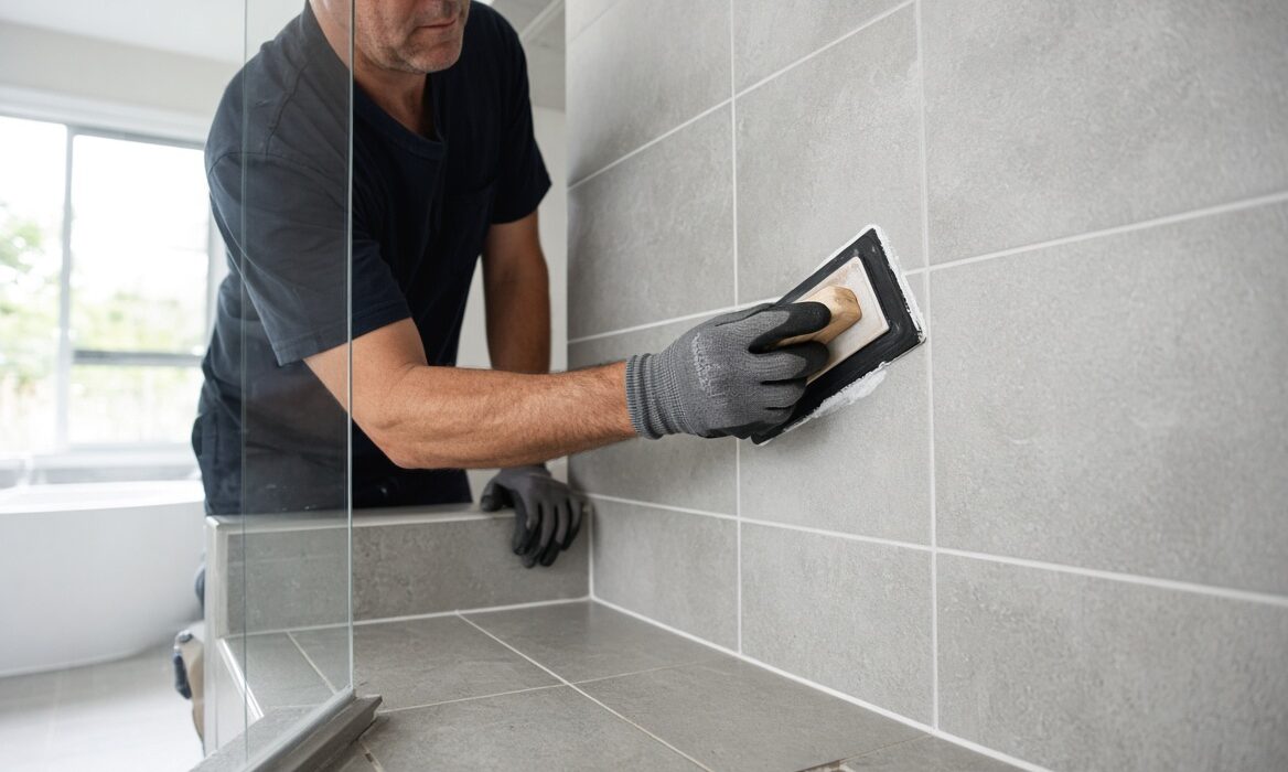 Professional bathroom regrouting in Bentleigh with fresh grout applied between shower wall tiles.