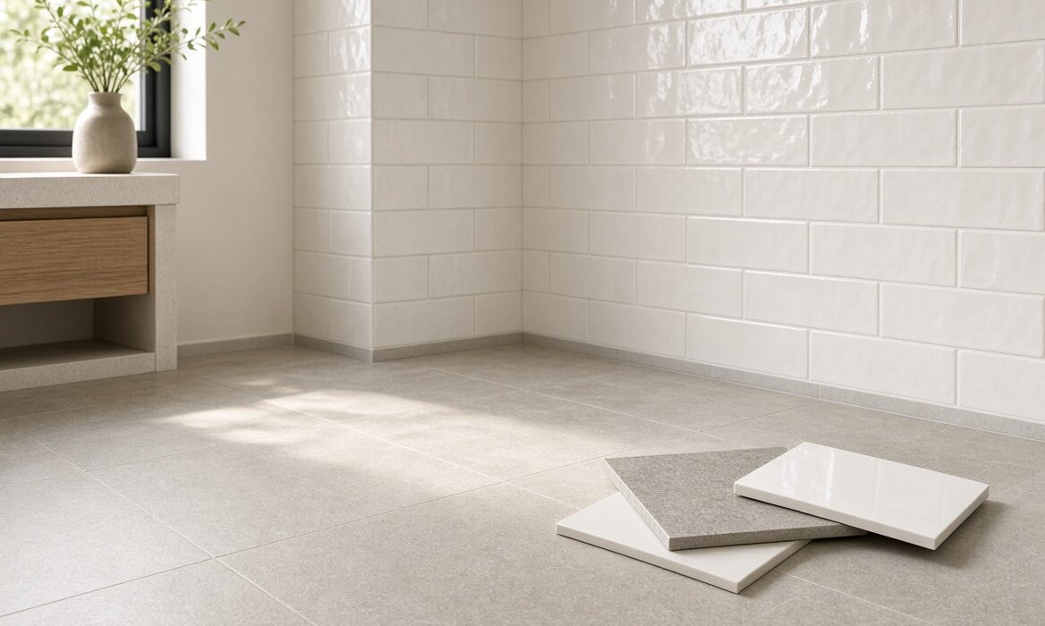 Floor tiles vs wall tiles shown together in a modern bathroom with matte floor and glossy wall