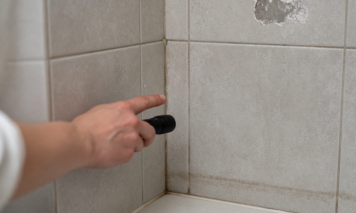 Signs of bathroom waterproofing problems including dark grout and peeling paint near a shower corner