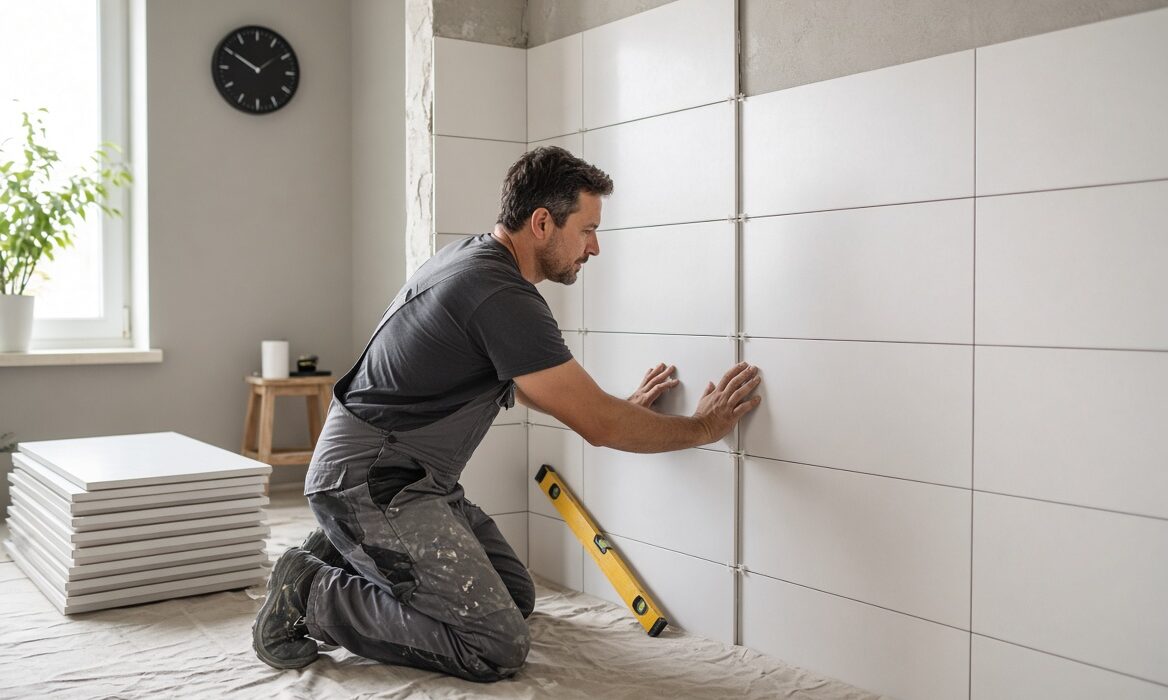 Tiler laying bathroom wall tiles during a renovation to show how long bathroom tiling takes