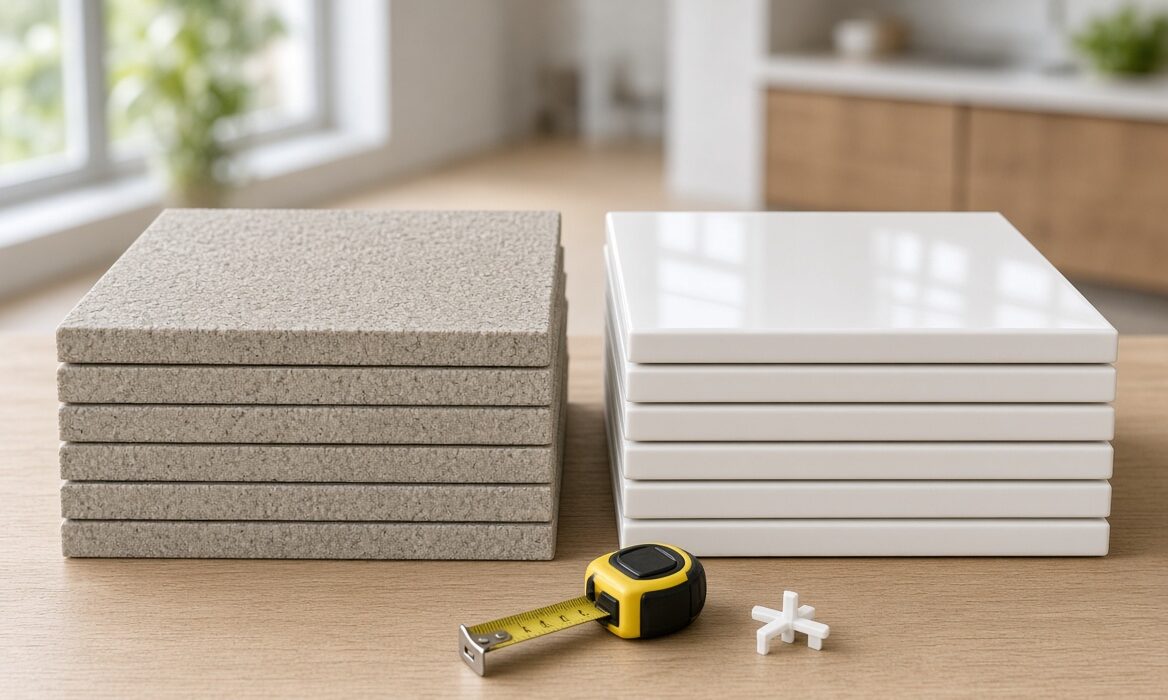 Porcelain vs ceramic tiles shown side by side as tile samples on a bench