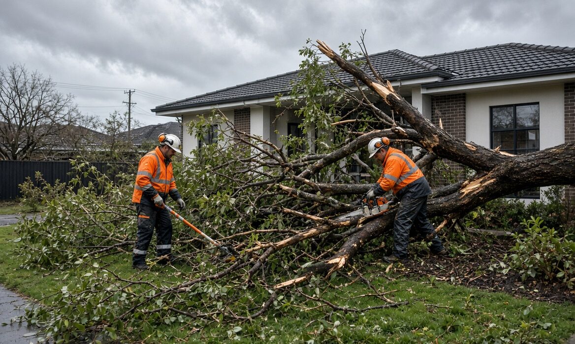 Professional storm damage tree removal after a fallen tree damages a residential garden in Melbourne