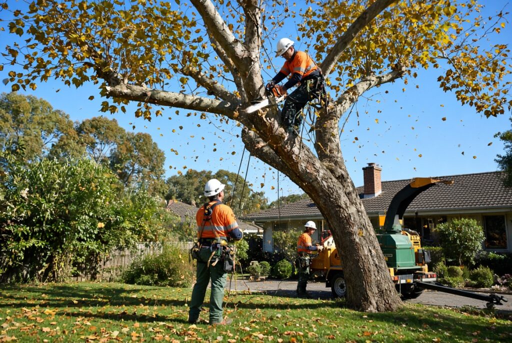 Professional tree removal service in an Australian garden during autumn