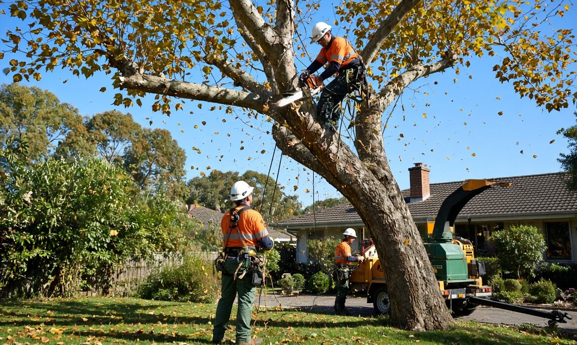 Professional tree removal service in an Australian garden during autumn