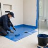 Professional shower waterproofing in a Melbourne bathroom with a tradesperson applying membrane to the shower floor and walls.