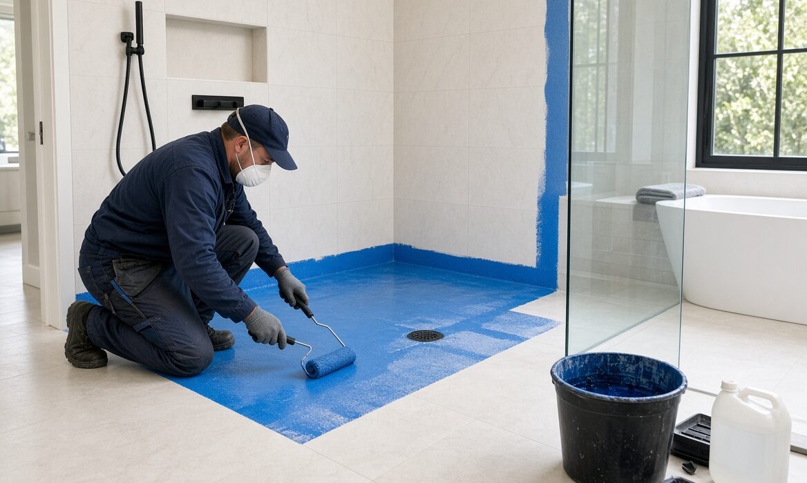 Professional shower waterproofing in a Melbourne bathroom with a tradesperson applying membrane to the shower floor and walls.