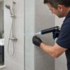 eaking shower repair in Bentleigh with a tradesperson replacing damaged silicone around shower tiles without removing tiles.