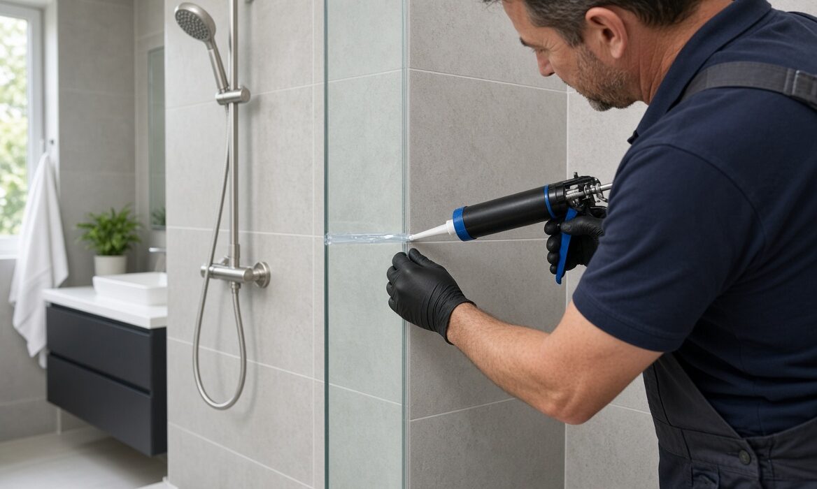 eaking shower repair in Bentleigh with a tradesperson replacing damaged silicone around shower tiles without removing tiles.