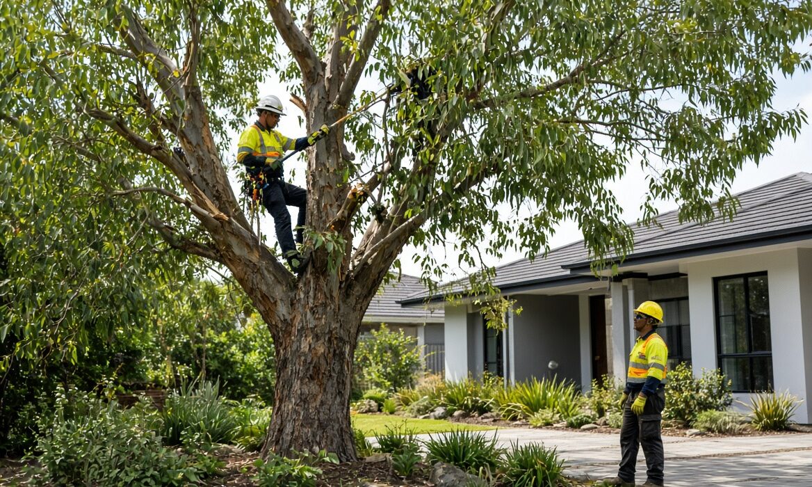 Professional arborist pruning a large tree near a Melbourne home to manage hazardous branches and improve property safety